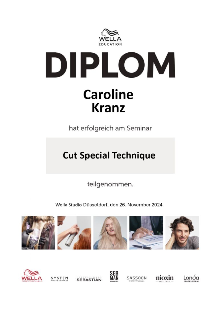 Diplom in Schwarz Weiss fuer Caroline Kranz mit Wella Logo und Fotos