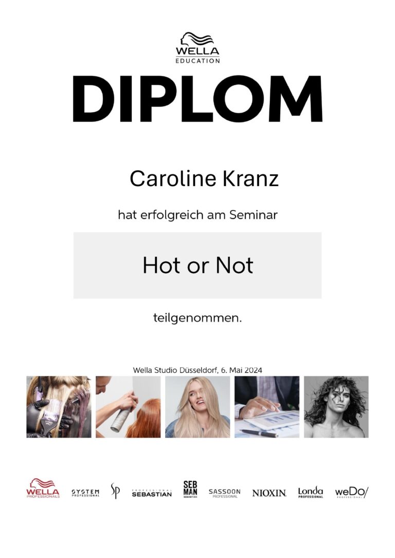 Wella Diplom für Caroline Kranz in Schwarz Weiß mit Seminarbildern unten